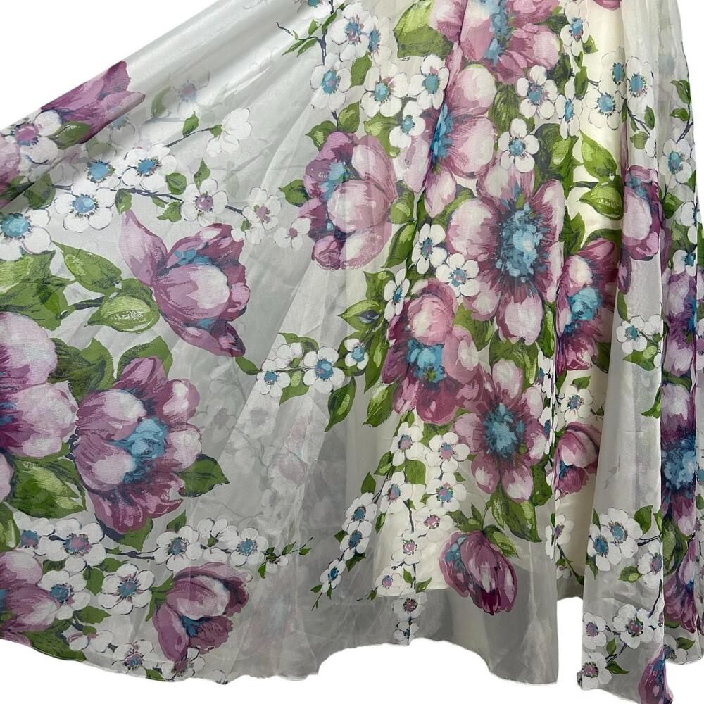 Vintage 70s Romantic Floral Maxi Skirt Pink Purple Sheer Overlay Small - Picture 2 of 5